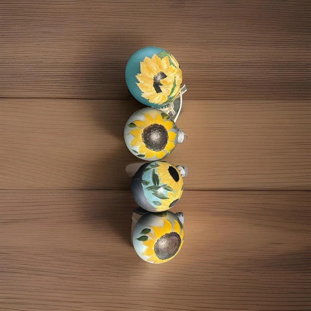 Hand-Painted Ball Ornaments Set 4 Vibrant Sunflower Christmas Thanksgiving